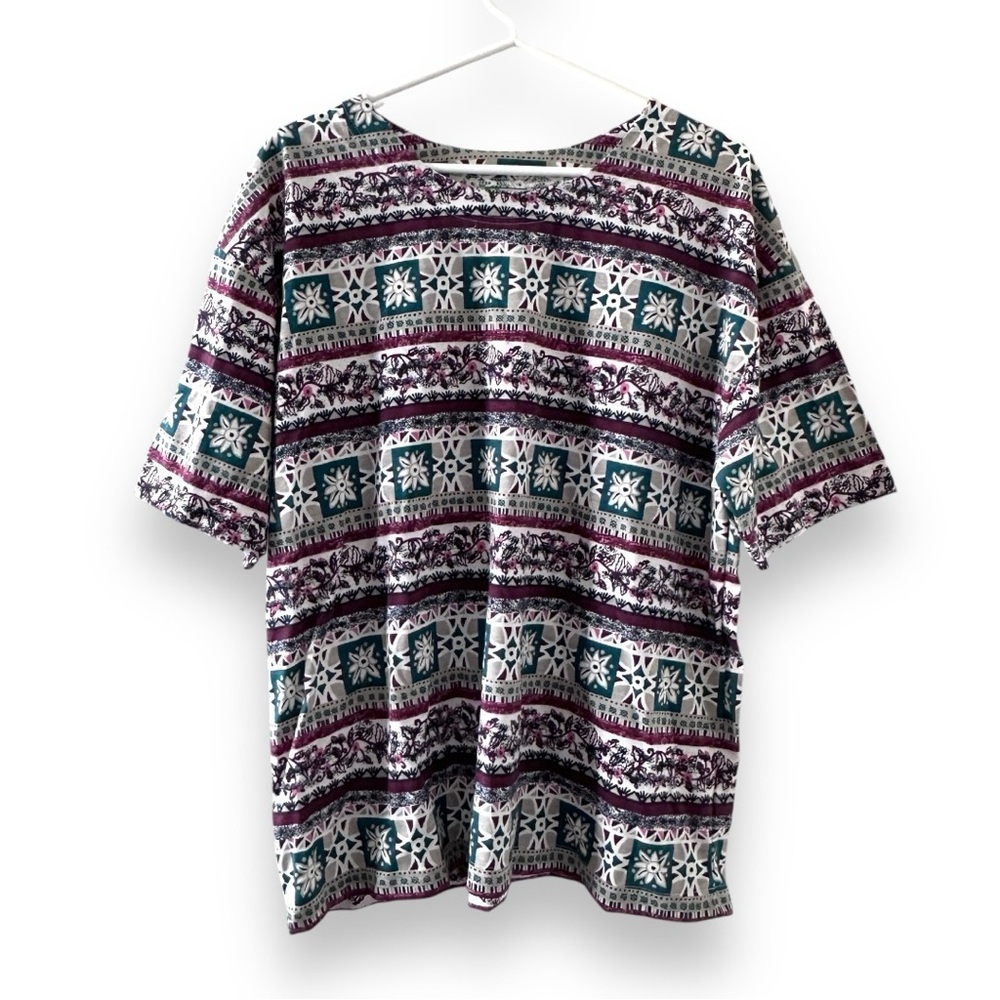 Vintage 90s Bold Spirit Multicolor Patterned Floral Striped T-Shirt Size Medium